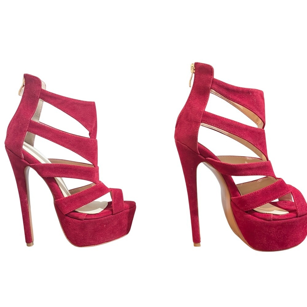 Womens Red Suede Strappy Platform Stiletto Heel Sandals Zip Back Y2k Femme Date
